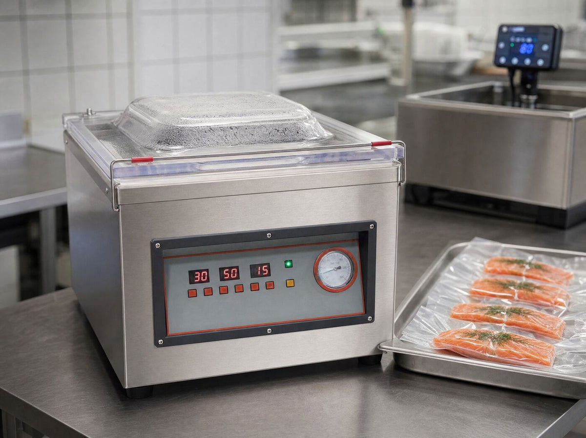 The sealer mid-cycle with portioned salmon beside it