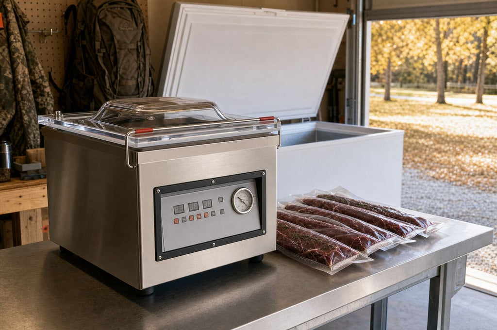 The sealer in a garage with venison packs and a chest freezer