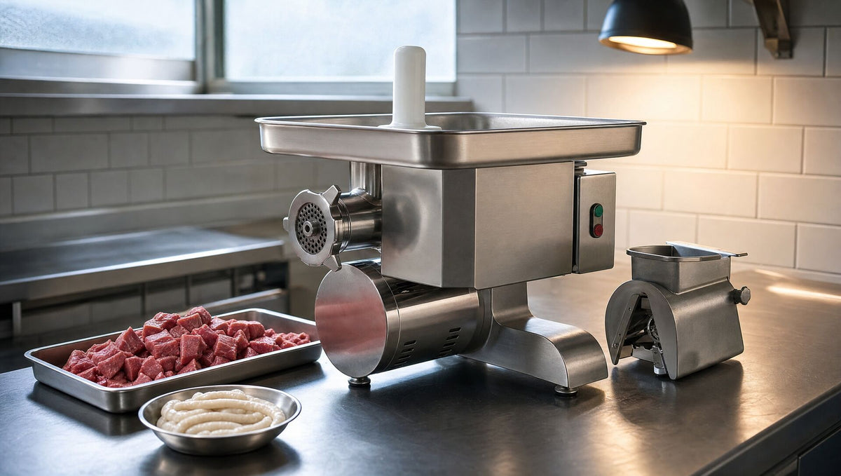 The grinder on a butcher's bench with diced beef and sausage casing