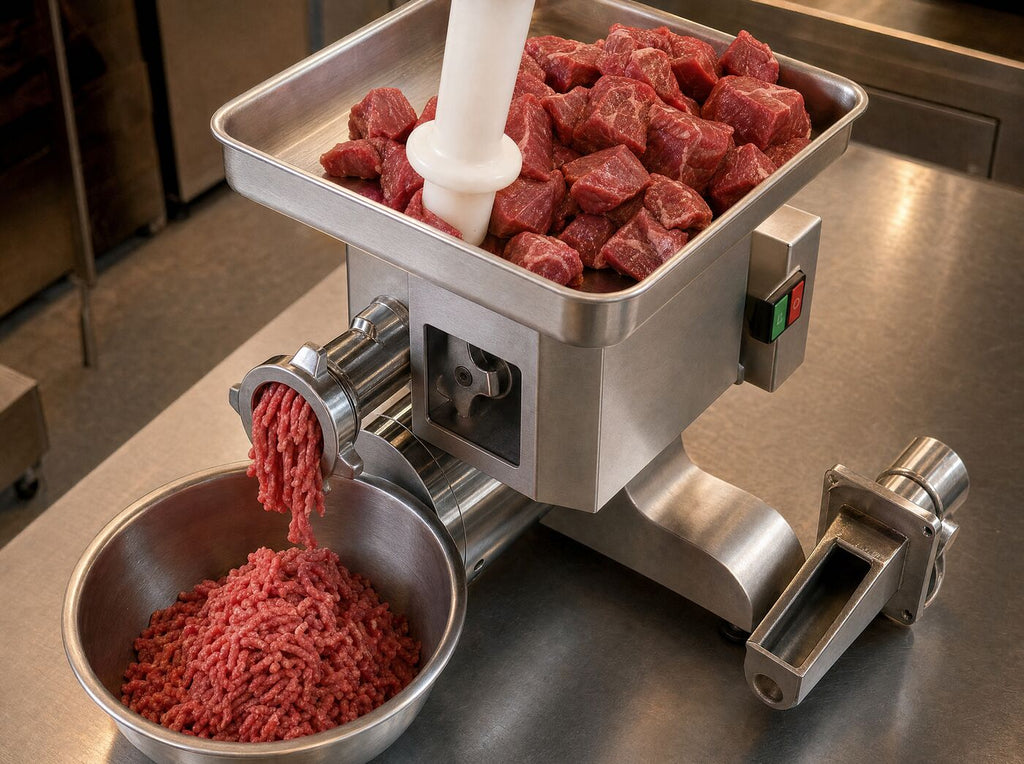 Looking down at diced beef being fed into the grinder tray