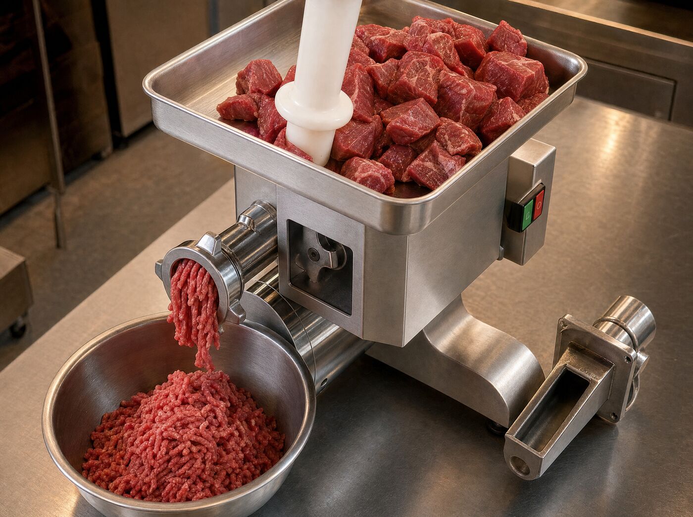 Looking down at diced beef being fed into the grinder tray