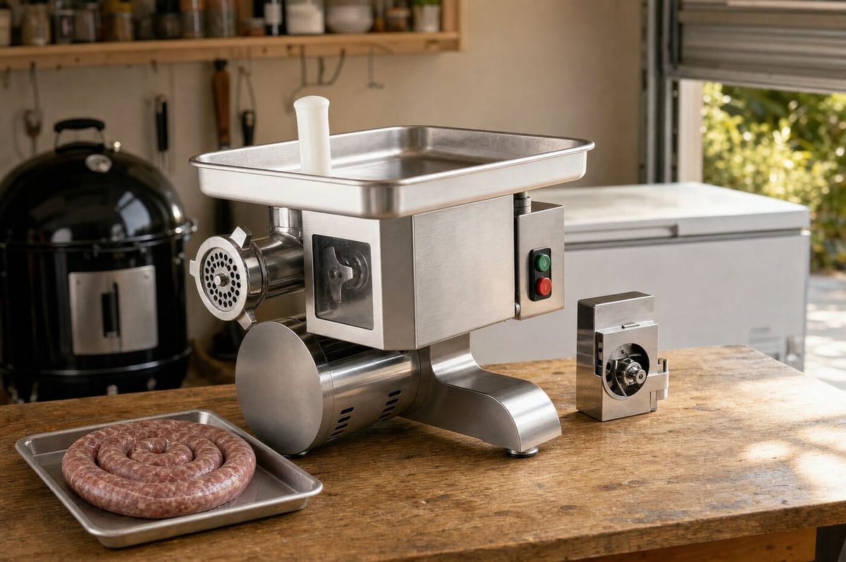 The grinder on a garage workbench with a coil of fresh sausage