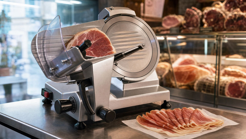 The slicer on a deli bench with a half-sliced ham and a fan of slices