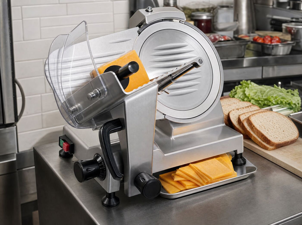 The slicer mid-cut with a block of cheddar in a café kitchen