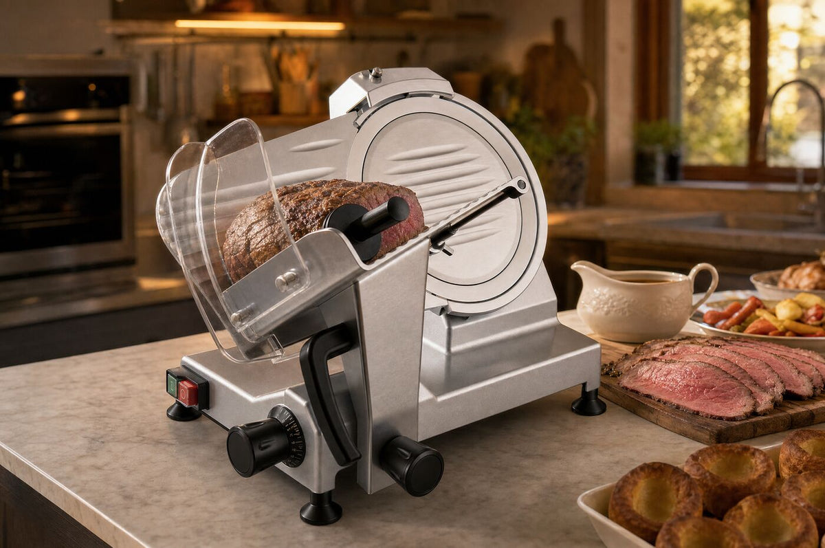 The slicer on a home kitchen island with a rested beef roast