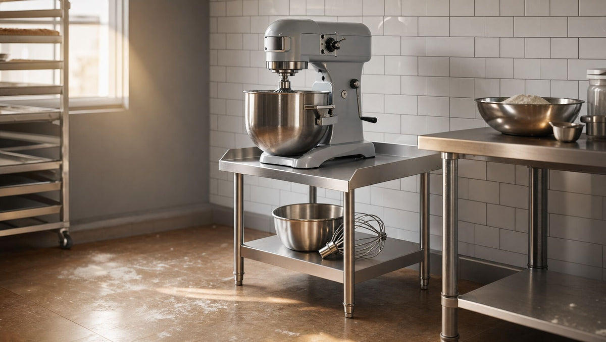 A planetary mixer on the stand in a bakery, its bowl level with the bench beside it