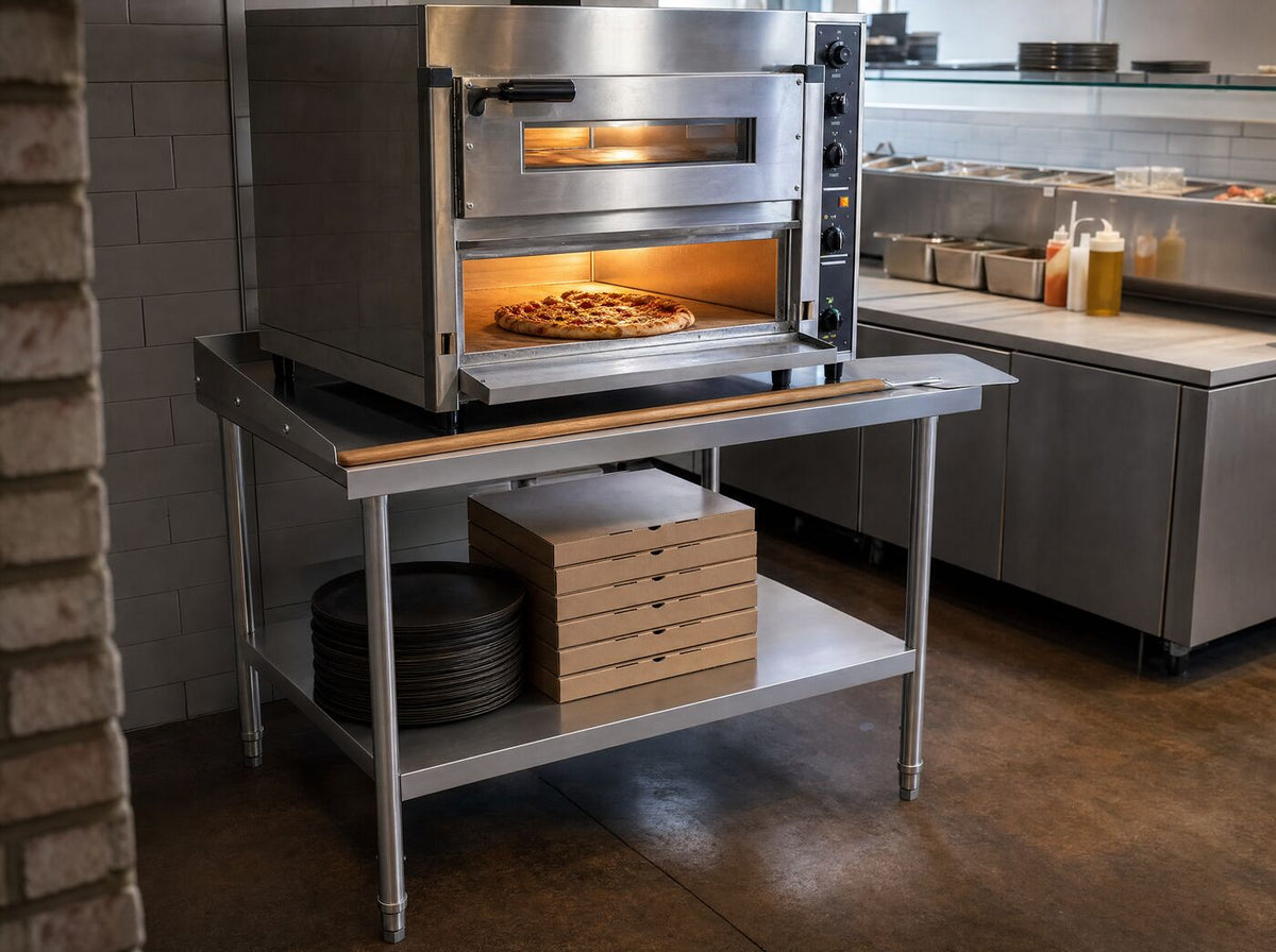 A double-deck pizza oven on the long version of the stand in a pizzeria