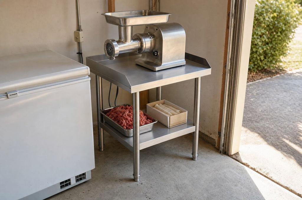 The stand carrying a meat grinder in a home garage