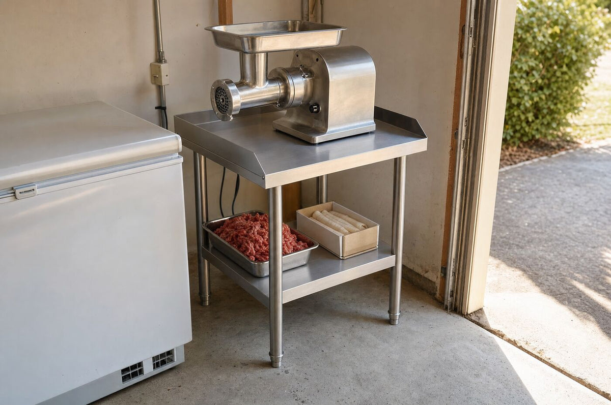 The stand carrying a meat grinder in a home garage
