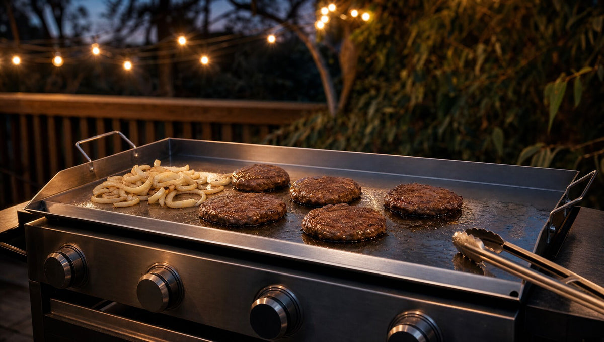 The griddle plate on a barbecue at dusk with patties and onions cooking