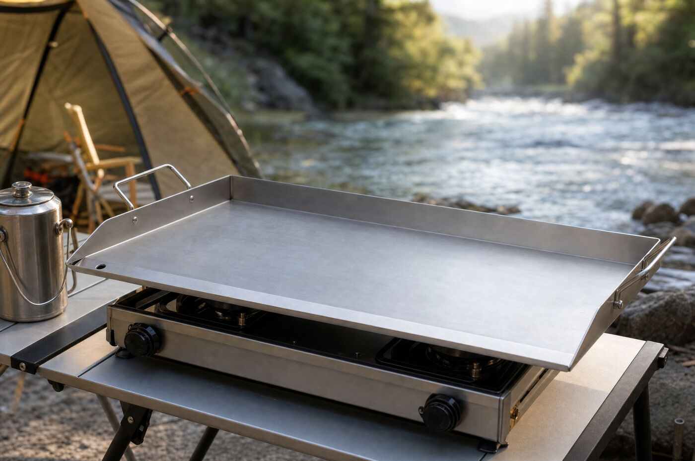 The griddle plate over a camp stove at a riverside campsite