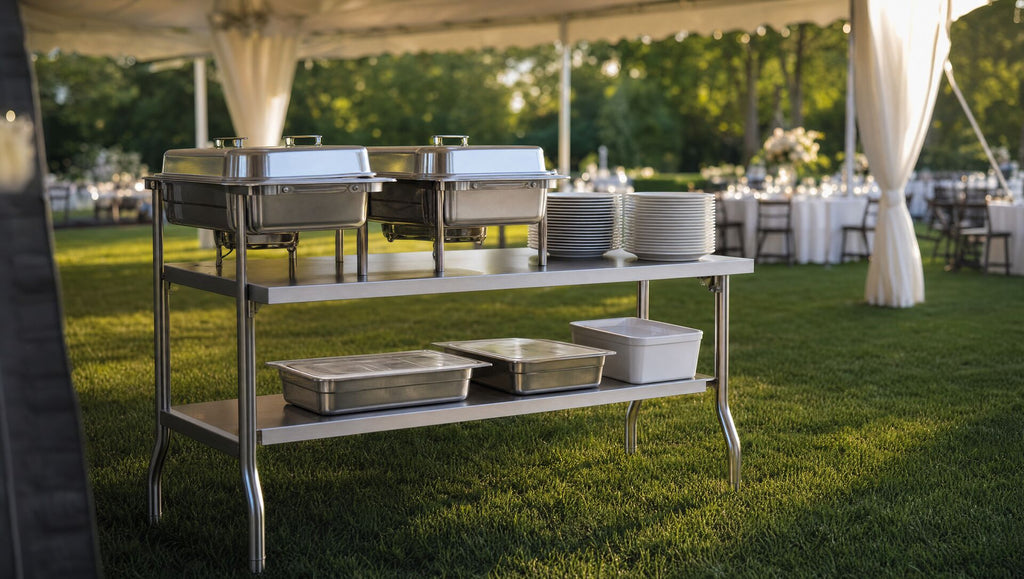 The folding table set up under a marquee with chafing dishes and plates