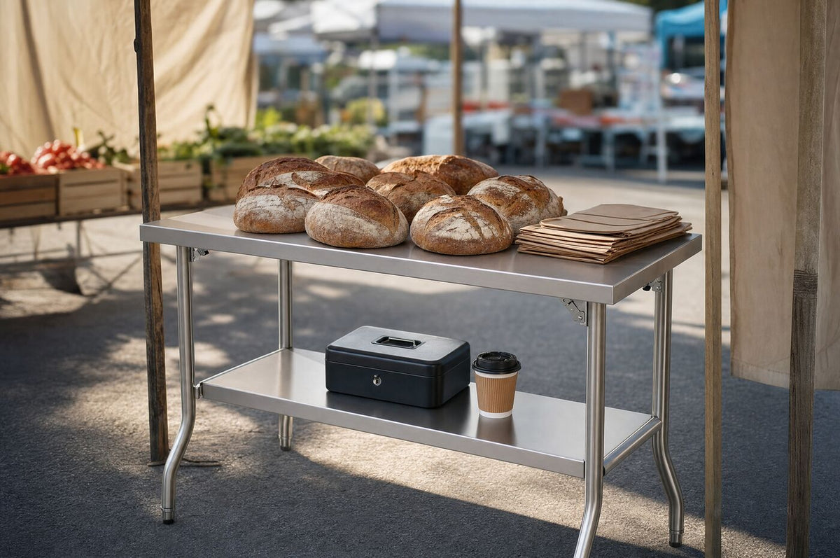 The table as a market stall counter with loaves of bread
