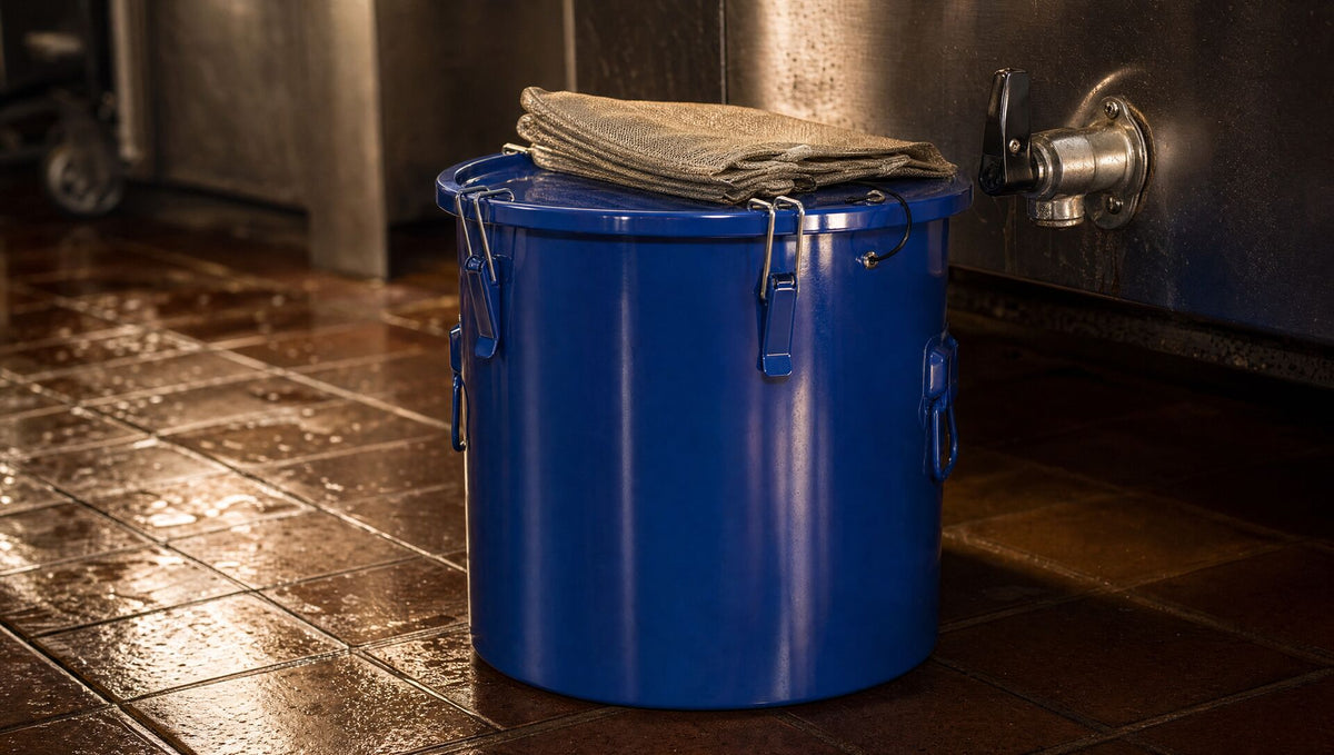 The oil caddy on the floor beside a commercial fryer at close