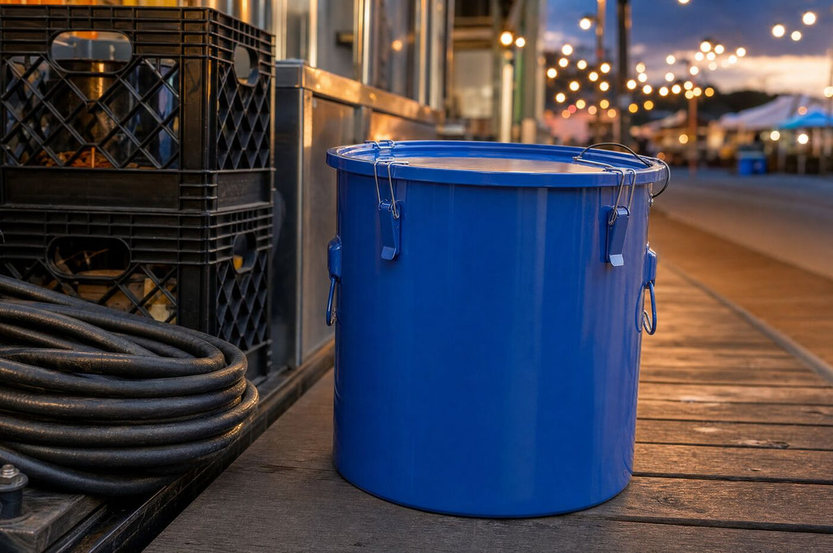 The sealed caddy on the deck of a food truck at a night market
