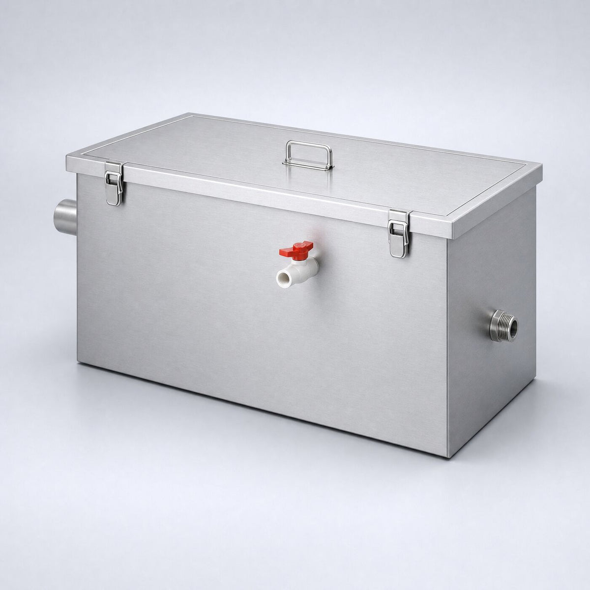 18 kg under-sink grease trap with side inlet, three-quarter studio view