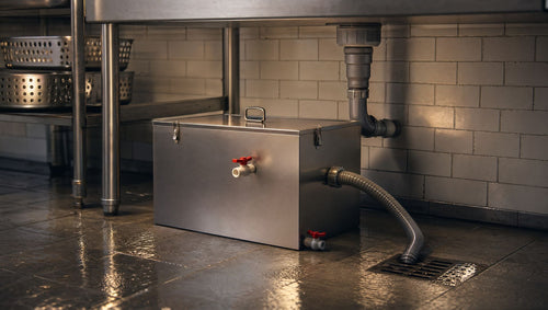 The grease trap fitted under a prep sink in a restaurant kitchen