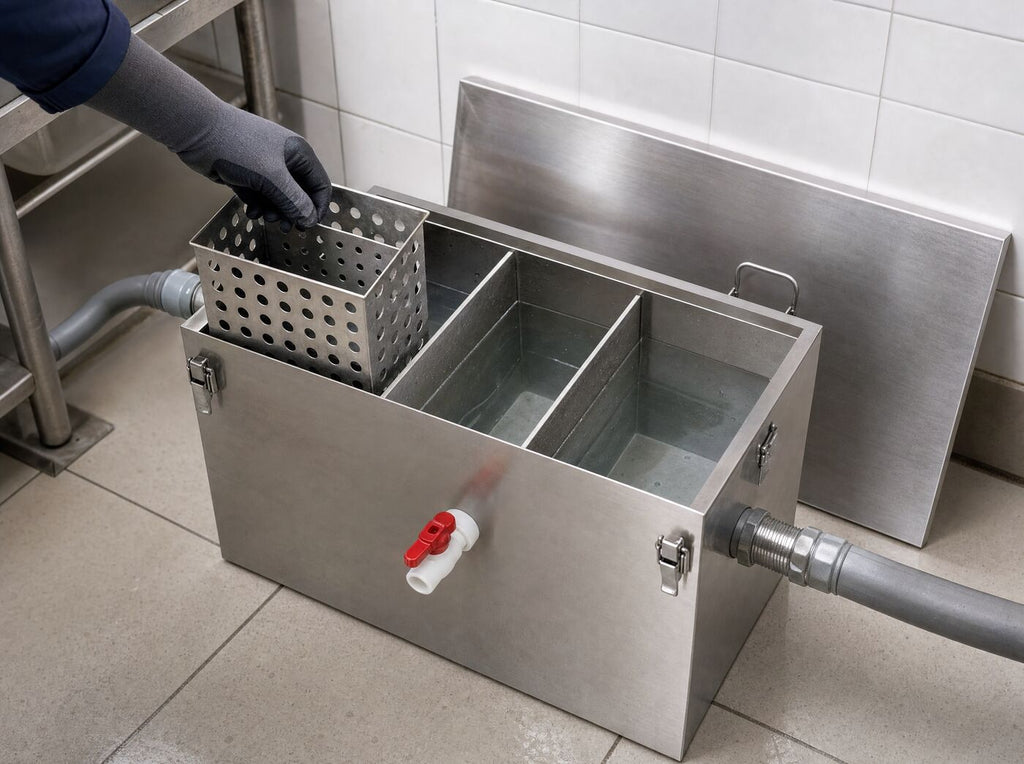 The lid off and the sludge basket lifted from the chambers