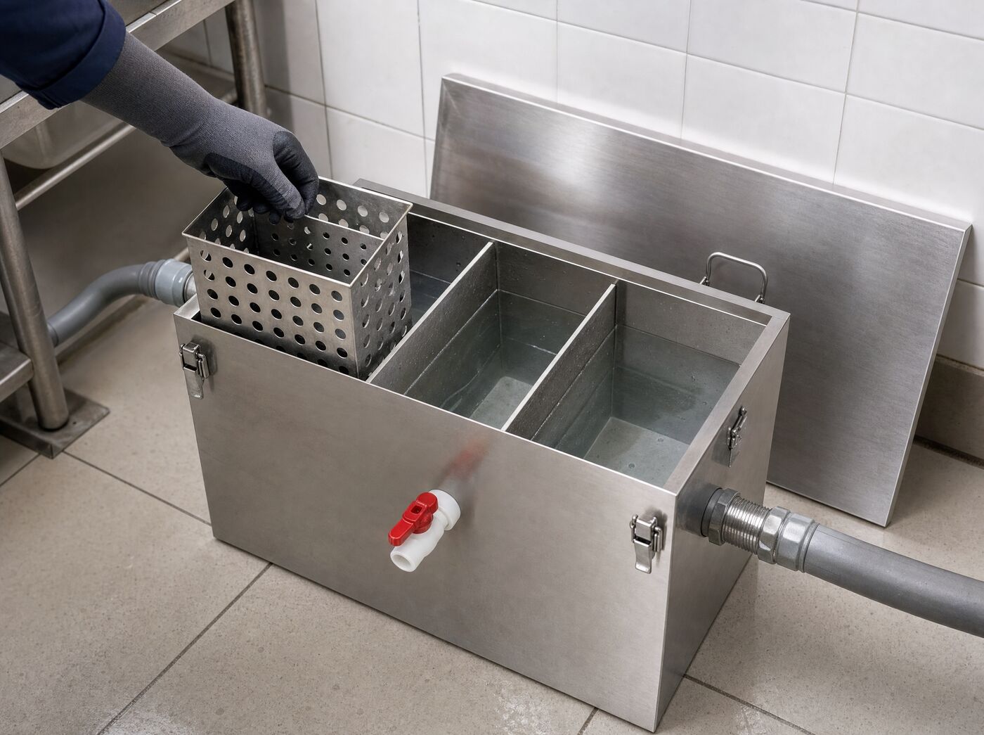 The lid off and the sludge basket lifted from the chambers