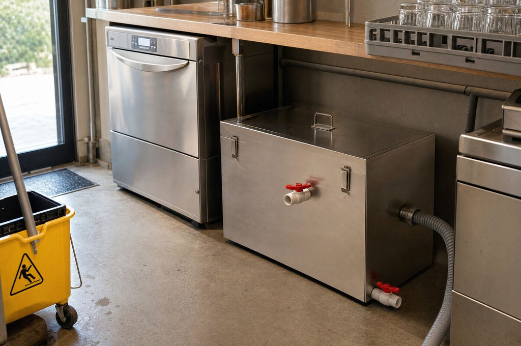 The grease trap under a bench beside a dishwasher in a cafe
