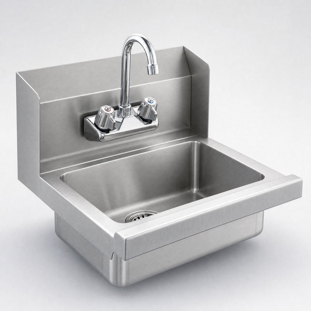 430 wall-mount hand wash sink with tap, three-quarter studio view