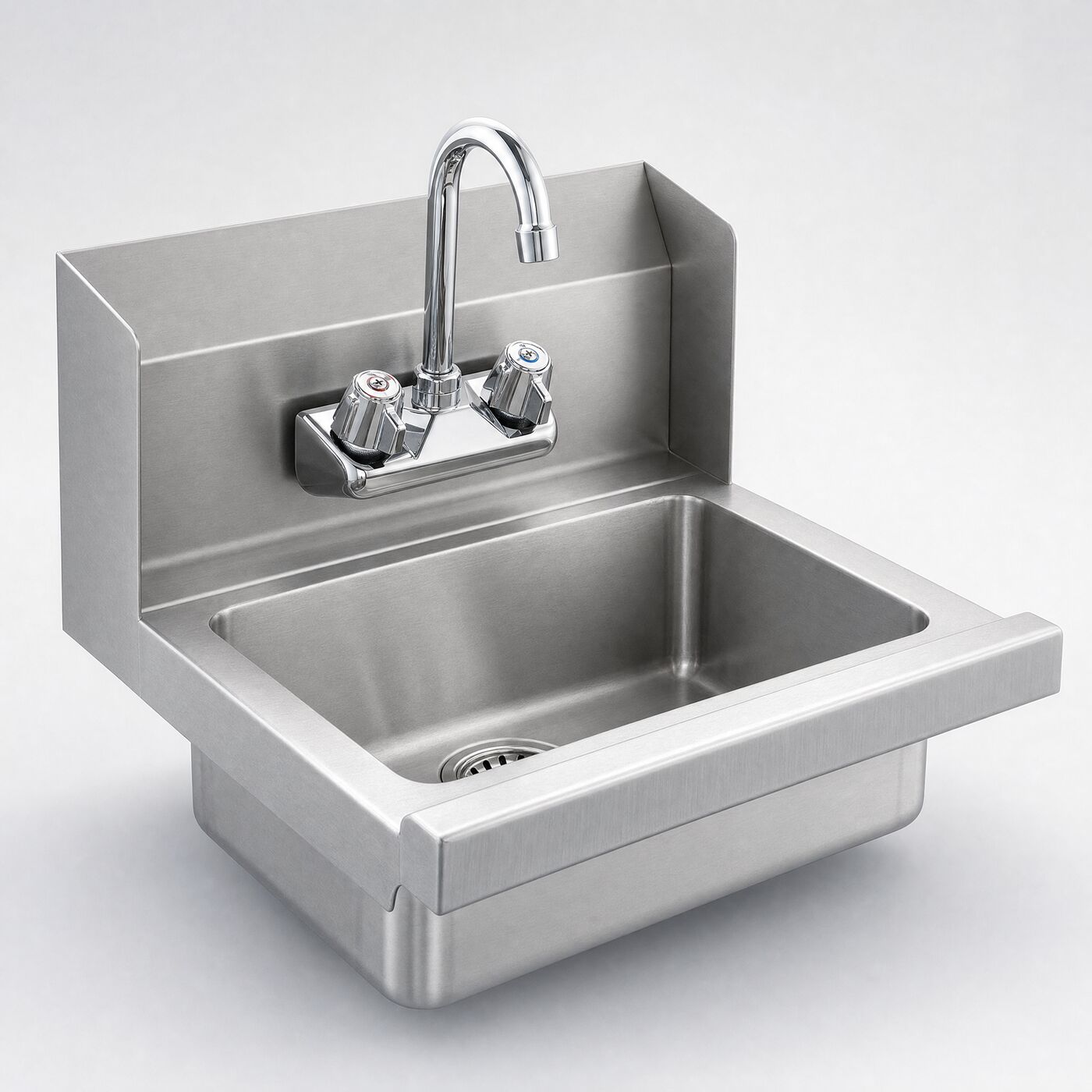 430 wall-mount hand wash sink with tap, three-quarter studio view