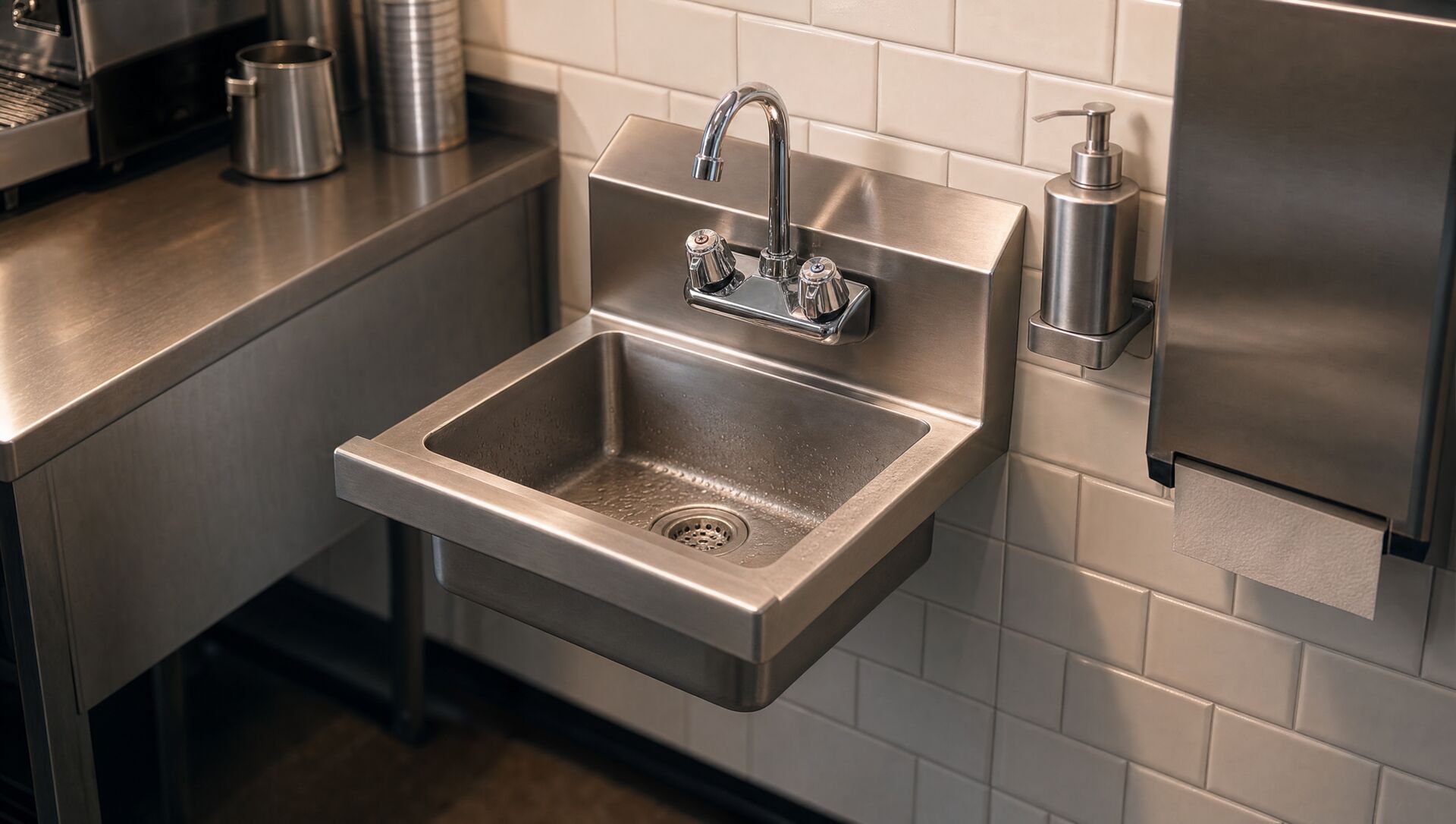 The hand wash sink on a tiled wall beside a prep bench in a cafe kitchen
