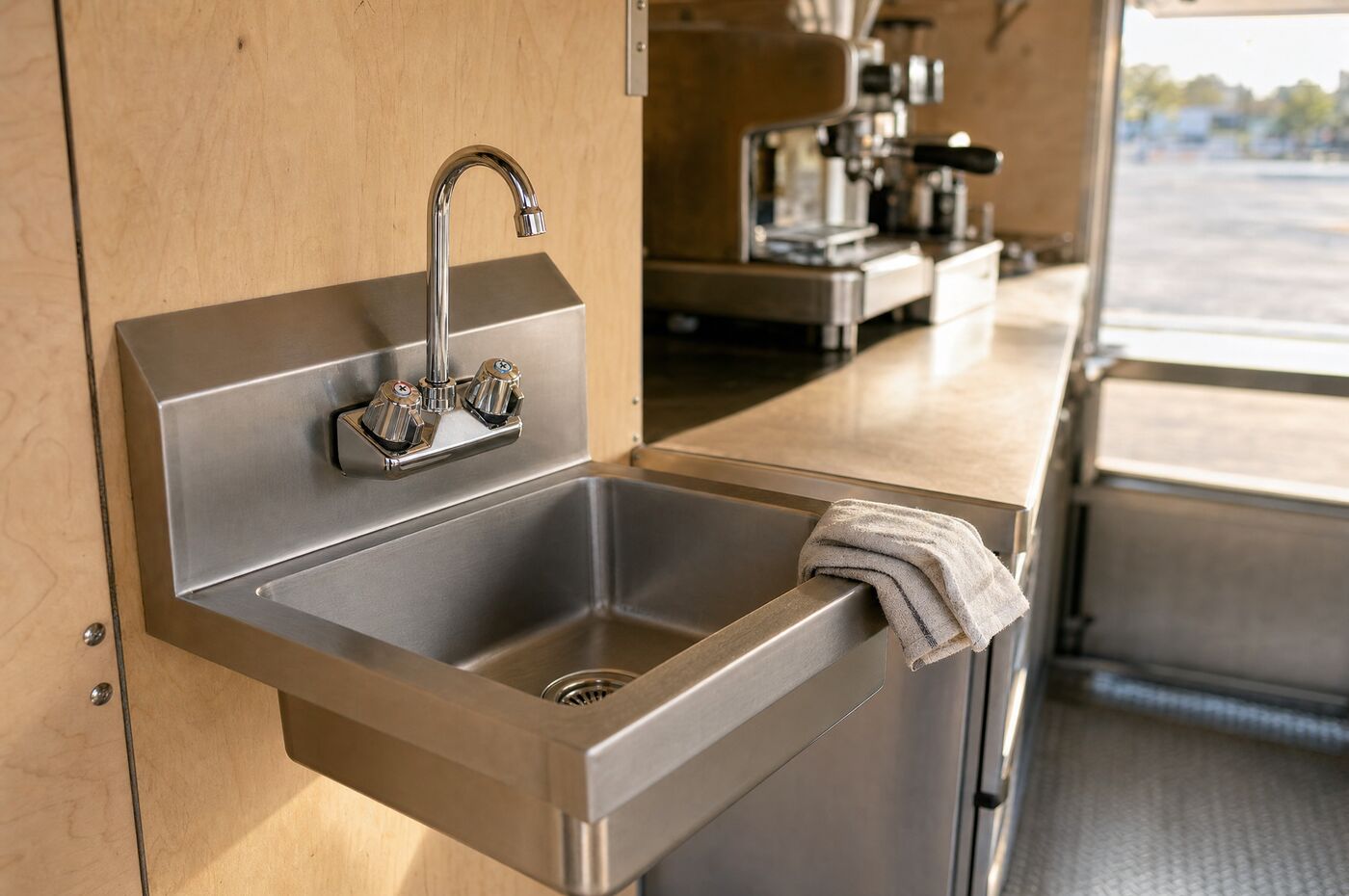 The hand wash sink fitted inside a food truck beside the service window
