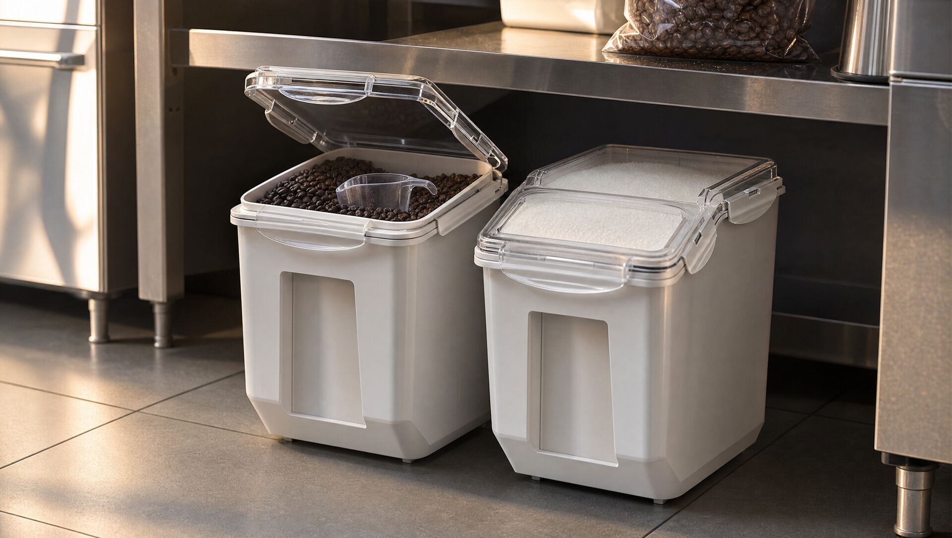 Two bins under a cafe bench, one open showing coffee beans