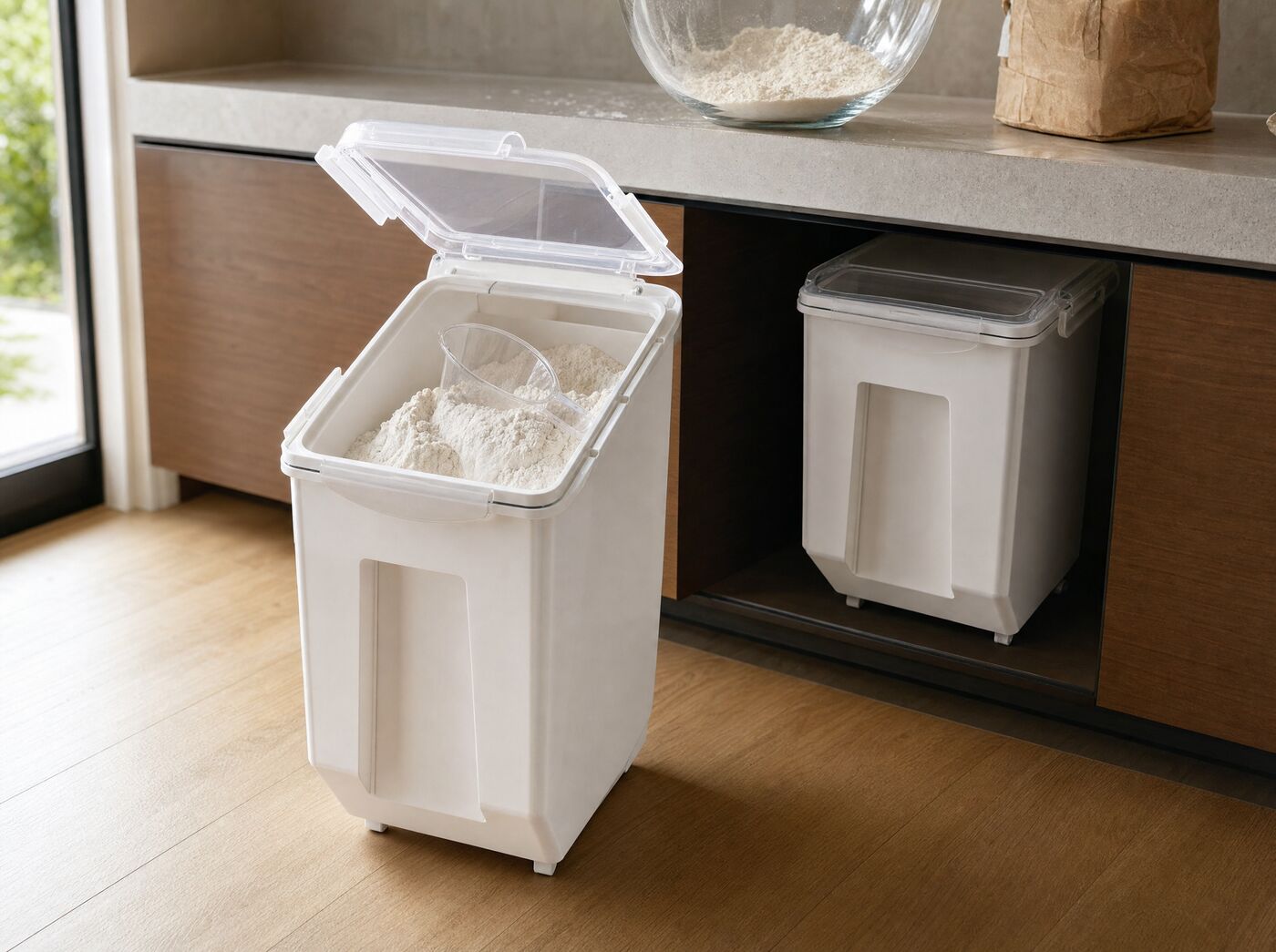 A bin rolled out from under a kitchen bench with the measuring cup in flour