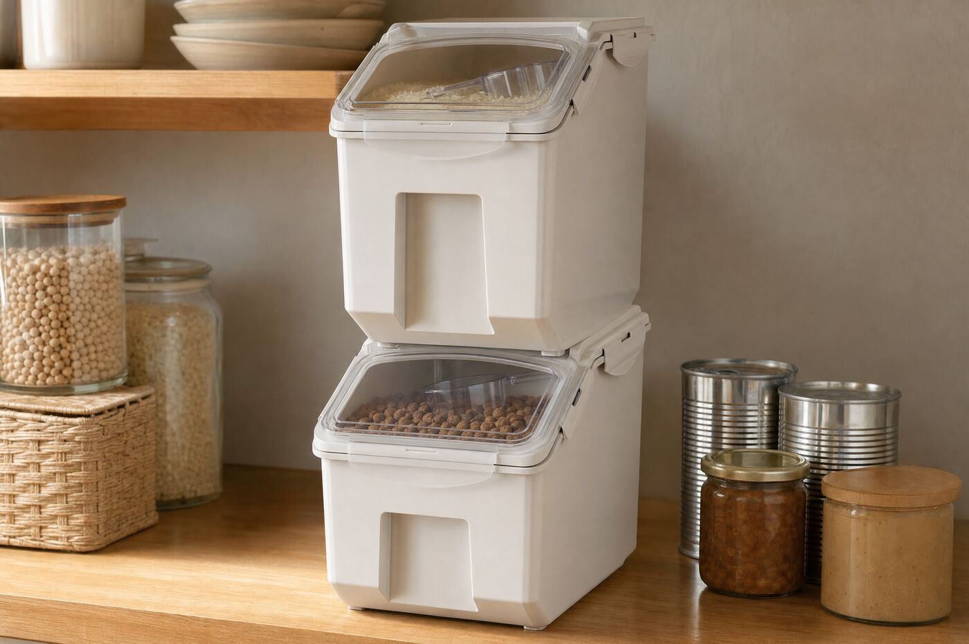 Two bins stacked on a pantry shelf