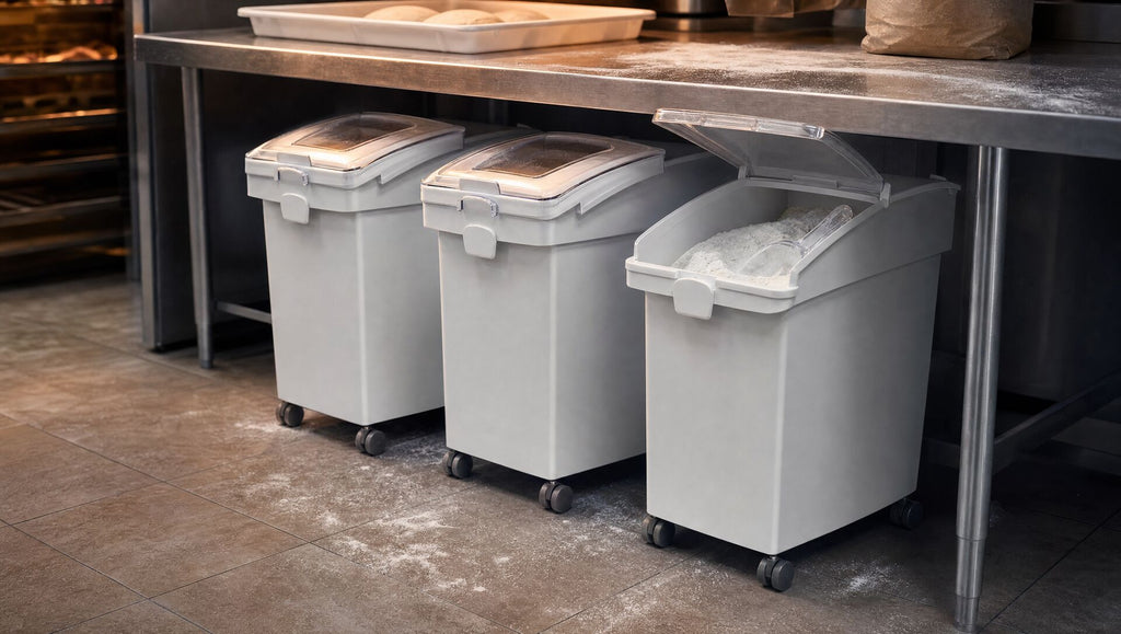 Three bins under a pizzeria bench, one open showing flour