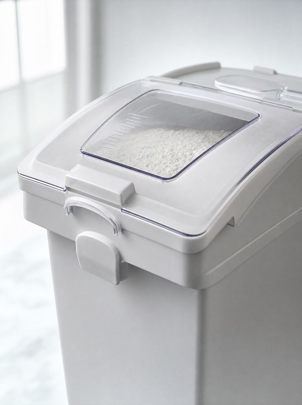Close view of the lid latch and clear window with scale