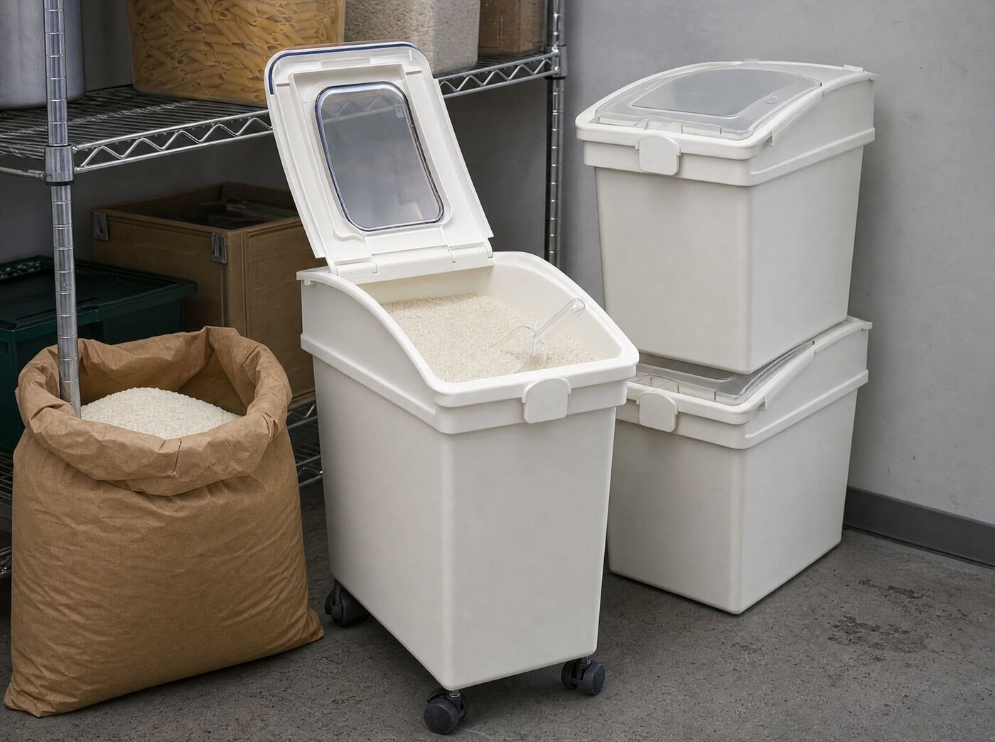 Bins stacked in a dry store, one open with rice