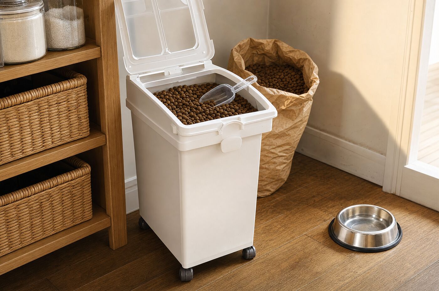 A bin used for dog food in a home pantry