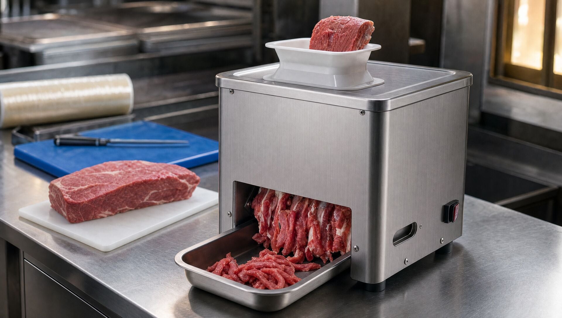 The strip cutter on a prep bench with a slab of beef and a tray of strips