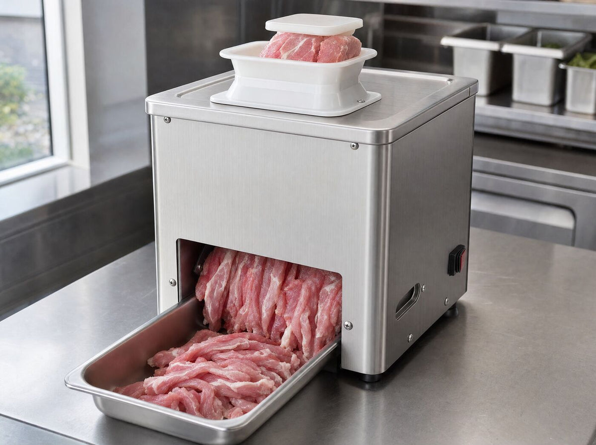 Pork loin in the top chute with strips collecting in a pan below