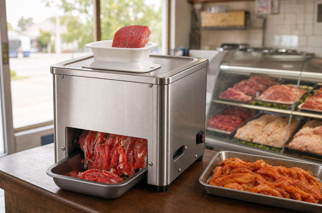The strip cutter on the back counter of a butcher shop