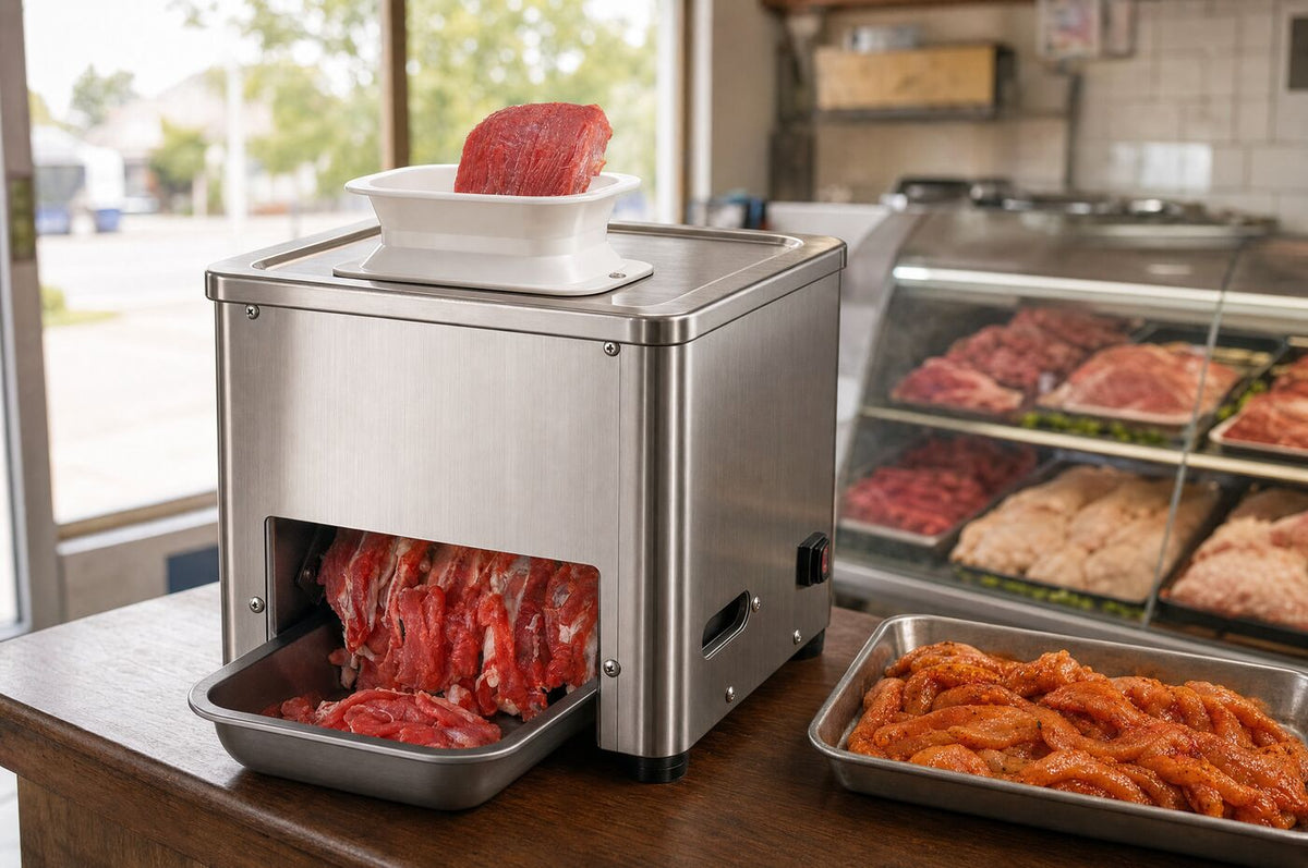 The strip cutter on the back counter of a butcher shop