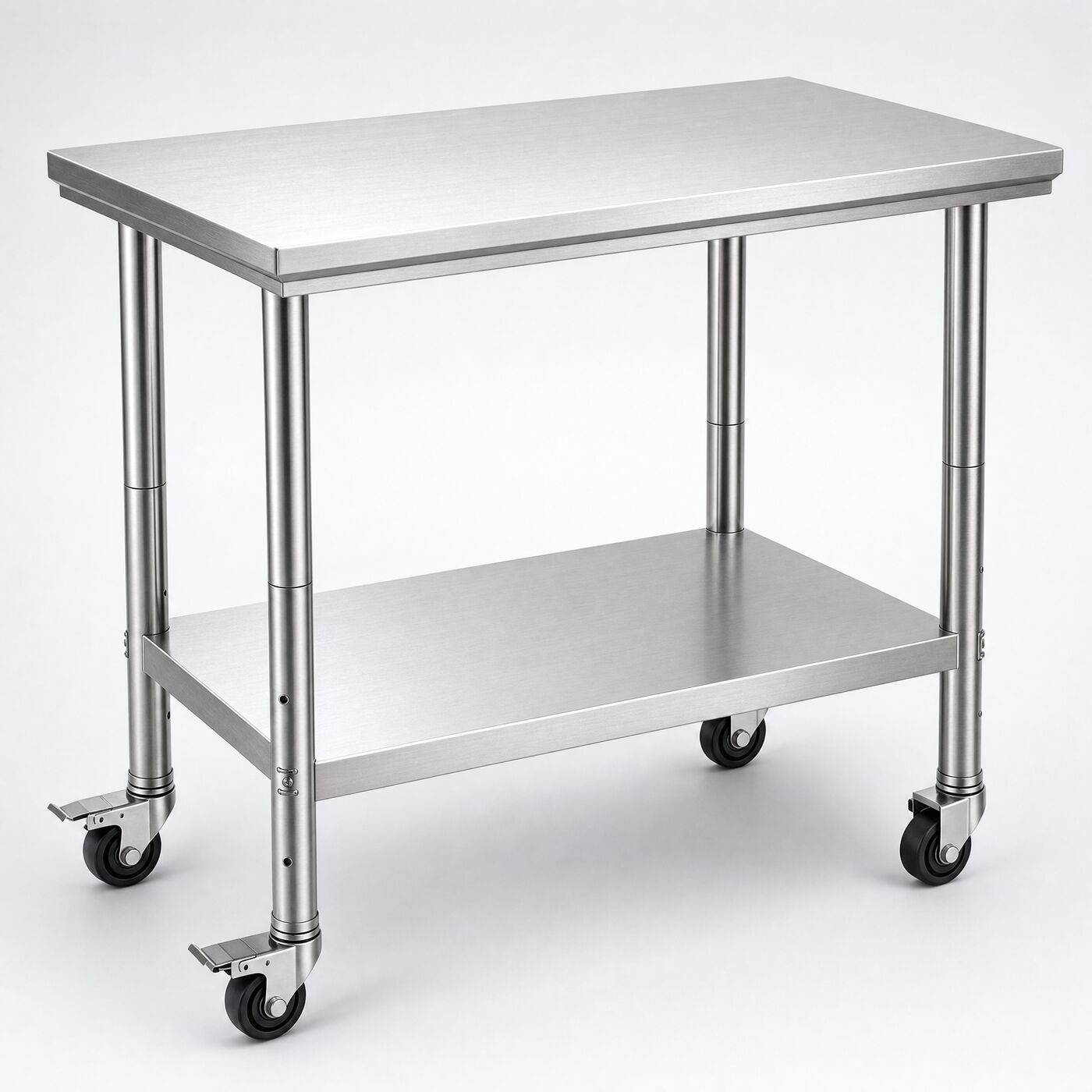 900 Mobile Stainless Work Table on castors, three-quarter studio view