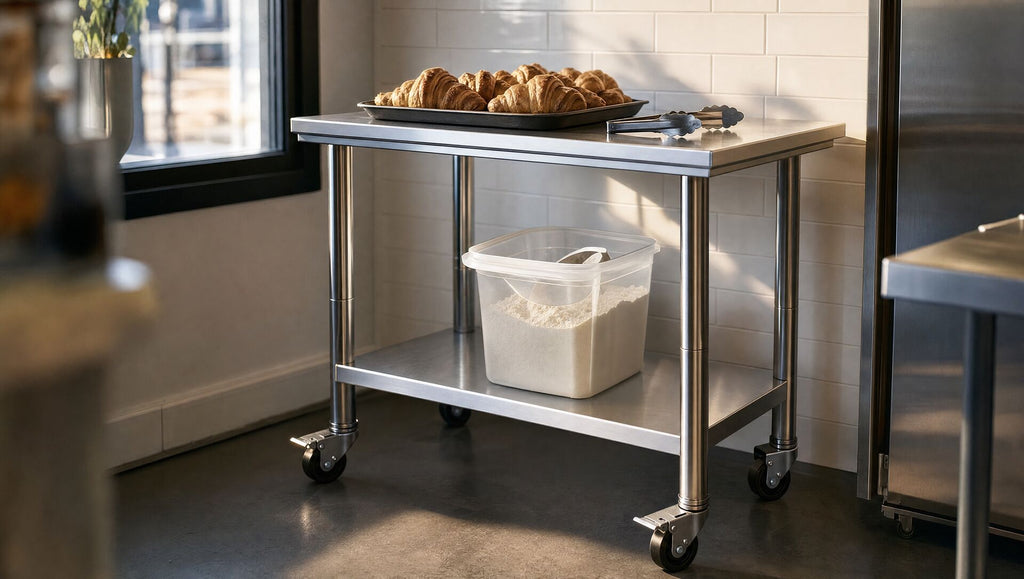 The mobile work table in a café kitchen corner with croissants on top and a flour bin below