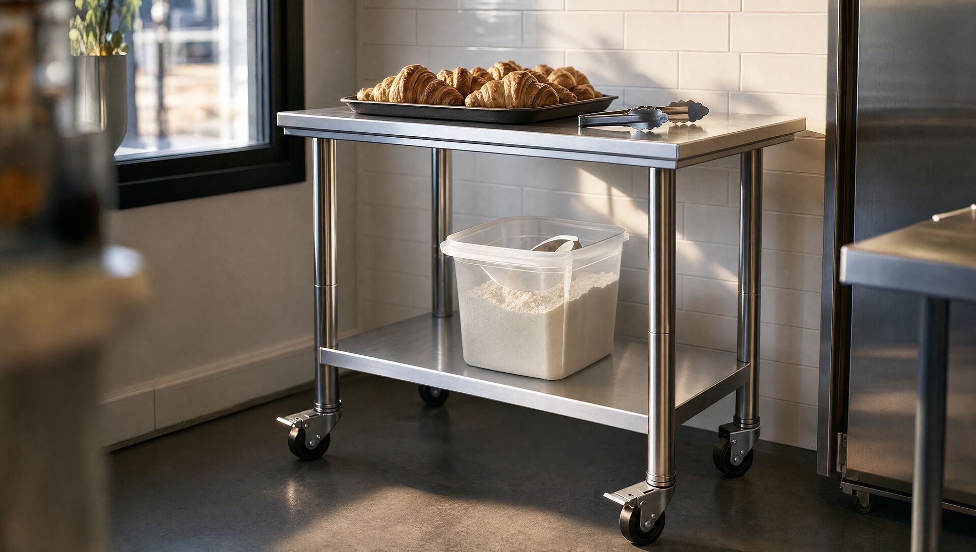 The mobile work table in a café kitchen corner with croissants on top and a flour bin below