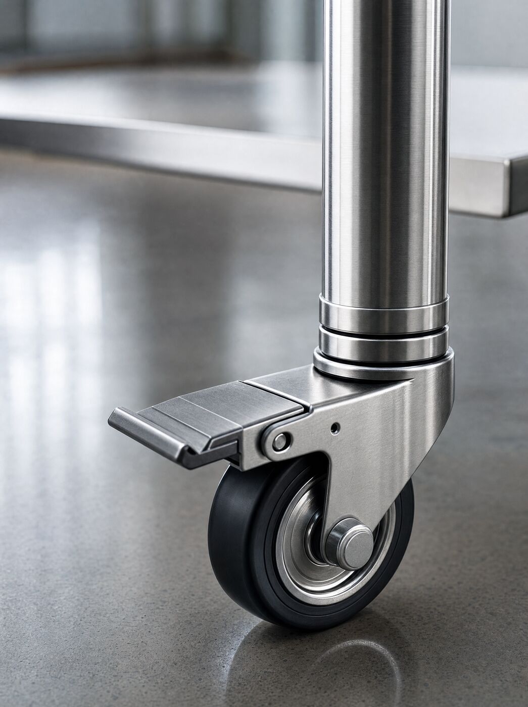 Close view of a braked swivel castor at the base of a stainless leg