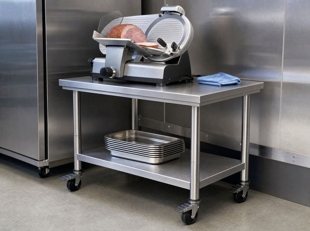 The table braked in a prep room with a meat slicer on top