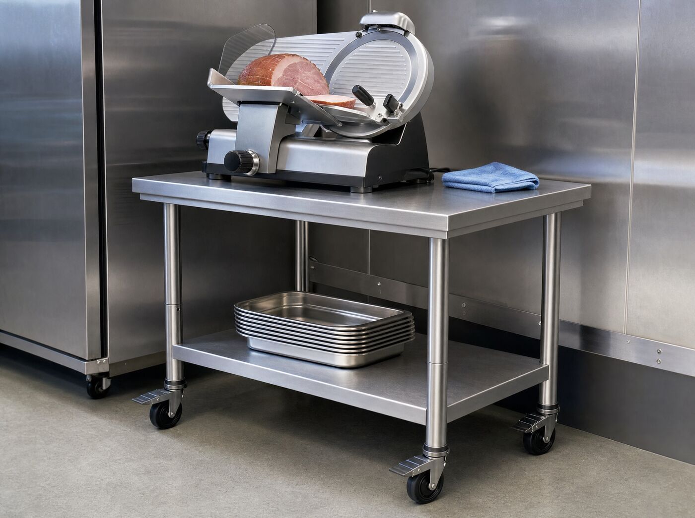 The table braked in a prep room with a meat slicer on top