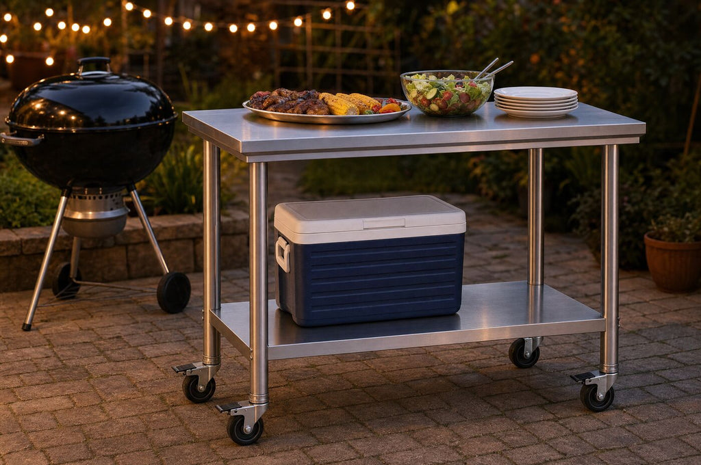The table used as a serving station beside a barbecue at dusk
