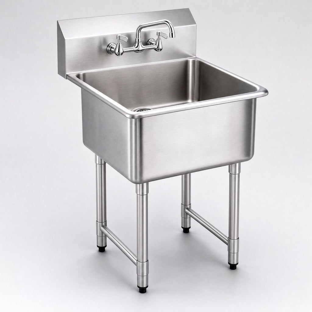 530 free-standing prep sink with tap and legs, three-quarter studio view