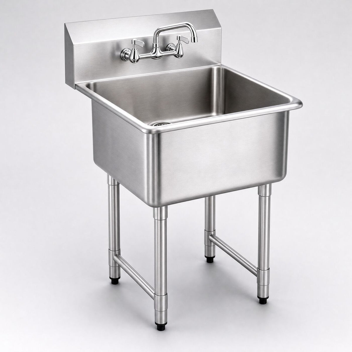 530 free-standing prep sink with tap and legs, three-quarter studio view