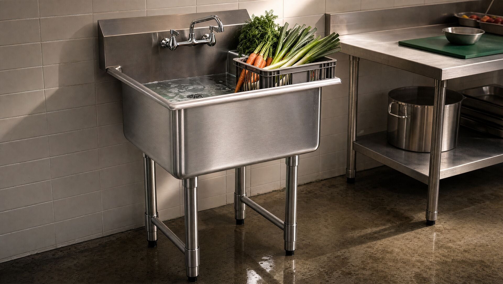 The prep sink in a restaurant prep room with washed vegetables draining on the rim