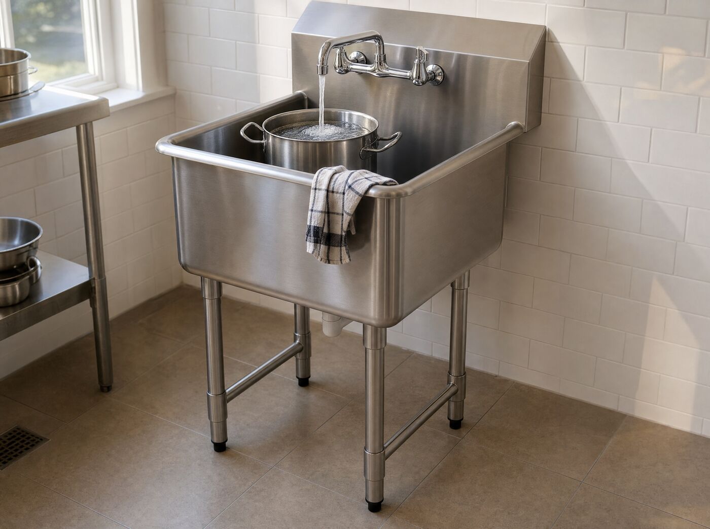 A 20 litre stockpot filling under the tap in the bowl